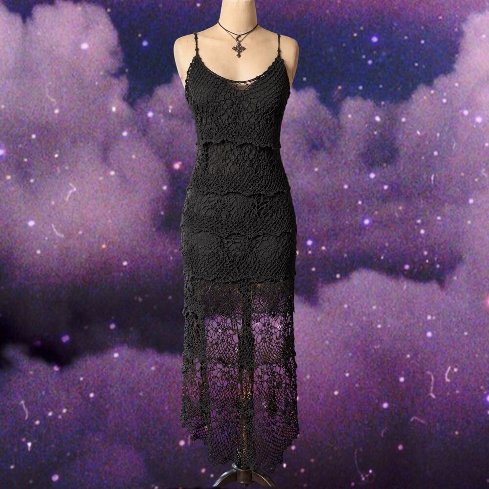 Black Crochet Midi Dress Romantic Grunge Whimsigoth Witchy 90s Y2K M